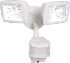 Cooper Lighting - 2 Head, 90 Ft. Detection, 270° Angle, Halogen Lamp Motion Sensing Light Fixture - 120 Volt, 200 Watt, Metal White Housing, Wall, Eave Mounted - All Tool & Supply