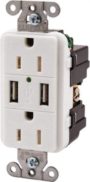 Hubbell Wiring Device-Kellems - 2 USB Port, 2 Receptacle, 125 VAC, 5 VDC USB Receptacle - 5-15R NEMA Configuration, 15 Amp, White, 3.8 Amp Charging Power, Screw Mount - All Tool & Supply