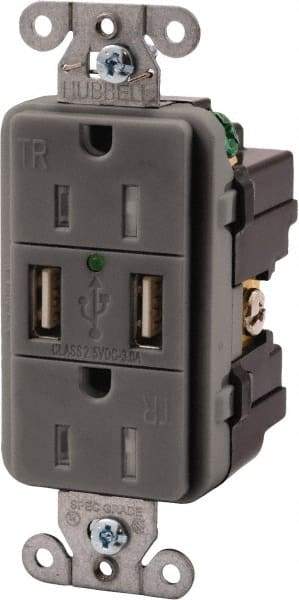 Hubbell Wiring Device-Kellems - 2 USB Port, 2 Receptacle, 125 VAC, 5 VDC USB Receptacle - 5-15R NEMA Configuration, 15 Amp, Gray, 3.8 Amp Charging Power, LED Indicator Light - All Tool & Supply