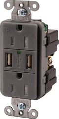 Hubbell Wiring Device-Kellems - 2 USB Port, 2 Receptacle, 125 VAC, 5 VDC USB Receptacle - 5-15R NEMA Configuration, 15 Amp, Gray, 3.8 Amp Charging Power, LED Indicator Light - All Tool & Supply