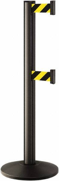 Lavi Industries - 40" High, 2-3/4" Pole Diam, Stanchion - 14" Base Diam, Dome Cast Iron Base, Black Aluminum Post, 7' x 2" Tape, Single Line Tape - All Tool & Supply