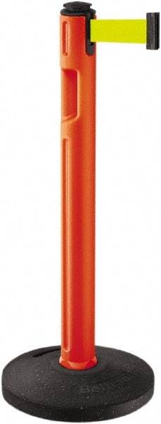 Lavi Industries - 38-1/4" High, 3-1/4" Pole Diam, Stanchion - 16" Base Diam, Dome Recycled Rubber Base, Orange Plastic Post, 12' x 2" Tape, Single Line Tape, For Outdoor Use - All Tool & Supply