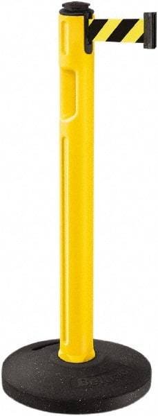 Lavi Industries - 38-1/4" High, 3-1/4" Pole Diam, Stanchion - 16" Base Diam, Dome Recycled Rubber Base, Yellow Plastic Post, 12' x 2" Tape, Single Line Tape, For Outdoor Use - All Tool & Supply