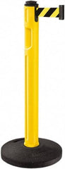 Lavi Industries - 38-1/4" High, 3-1/4" Pole Diam, Stanchion - 16" Base Diam, Dome Recycled Rubber Base, Yellow Plastic Post, 12' x 2" Tape, Single Line Tape, For Outdoor Use - All Tool & Supply