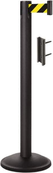 Lavi Industries - 38-1/2" High, 2-3/4" Pole Diam, Stanchion - 12-1/2" Base Diam, Round Steel Base, Black Steel Post, 7' x 2" Tape, Single Line Tape - All Tool & Supply