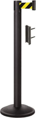 Lavi Industries - 38-1/2" High, 2-3/4" Pole Diam, Stanchion - 12-1/2" Base Diam, Round Steel Base, Black Steel Post, 7' x 2" Tape, Single Line Tape - All Tool & Supply