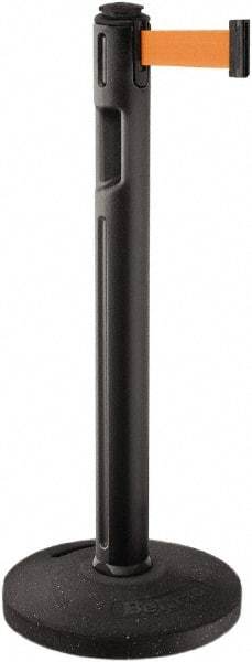 Lavi Industries - 38-1/4" High, 3-1/4" Pole Diam, Stanchion - 16" Base Diam, Dome Recycled Rubber Base, Black Plastic Post, 12' x 2" Tape, Single Line Tape, For Outdoor Use - All Tool & Supply