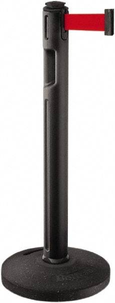 Lavi Industries - 38-1/4" High, 3-1/4" Pole Diam, Stanchion - 16" Base Diam, Dome Recycled Rubber Base, Black Plastic Post, 12' x 2" Tape, Single Line Tape, For Outdoor Use - All Tool & Supply