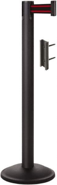 Lavi Industries - 38-1/2" High, 2-3/4" Pole Diam, Stanchion - 12-1/2" Base Diam, Round Steel Base, Black Steel Post, 7' x 2" Tape, Single Line Tape - All Tool & Supply