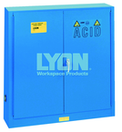 Wall-Mount Bench Acid Cabinet - #5566 - 43 x 12 x 44" - 20 Gallon - w/5 shelves, six poly trays, 2-door manual close - Blue Only - All Tool & Supply