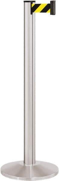 Lavi Industries - 40" High, 2-3/4" Pole Diam, Stanchion - 14" Base Diam, Dome Cast Iron Base, Satin Chrome (Color) Aluminum Post, 7' x 2" Tape, Single Line Tape - All Tool & Supply