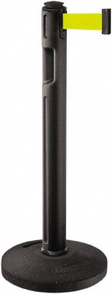 Lavi Industries - 38-1/4" High, 3-1/4" Pole Diam, Stanchion - 16" Base Diam, Dome Recycled Rubber Base, Black Plastic Post, 12' x 2" Tape, Single Line Tape, For Outdoor Use - All Tool & Supply