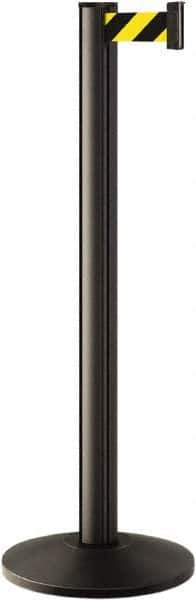 Lavi Industries - 40" High, 2-3/4" Pole Diam, Stanchion - 14" Base Diam, Dome Cast Iron Base, Black Aluminum Post, 7' x 2" Tape, Single Line Tape - All Tool & Supply