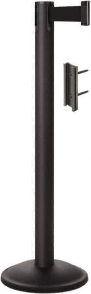 Lavi Industries - 38-1/2" High, 2-3/4" Pole Diam, Stanchion - 12-1/2" Base Diam, Round Steel Base, Black Steel Post, 7' x 2" Tape, Single Line Tape - All Tool & Supply