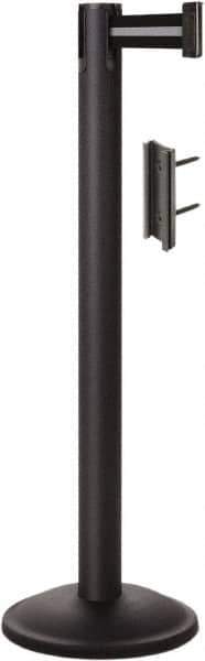 Lavi Industries - 38-1/2" High, 2-3/4" Pole Diam, Stanchion - 12-1/2" Base Diam, Round Steel Base, Black Steel Post, 7' x 2" Tape, Single Line Tape - All Tool & Supply