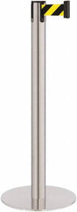 Lavi Industries - 40" High, 2-3/4" Pole Diam, Stanchion - 14-1/2" Base Diam, Flat Cast Iron Base, Satin Chrome (Color) Steel Post, 7' x 2" Tape, Single Line Tape - All Tool & Supply