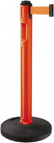 Lavi Industries - 38-1/4" High, 3-1/4" Pole Diam, Stanchion - 16" Base Diam, Dome Recycled Rubber Base, Orange Plastic Post, 12' x 2" Tape, Single Line Tape, For Outdoor Use - All Tool & Supply