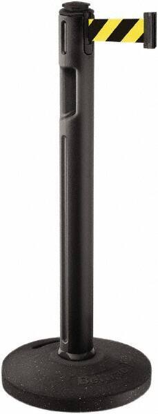 Lavi Industries - 38-1/4" High, 3-1/4" Pole Diam, Stanchion - 16" Base Diam, Dome Recycled Rubber Base, Black Plastic Post, 12' x 2" Tape, Single Line Tape, For Outdoor Use - All Tool & Supply