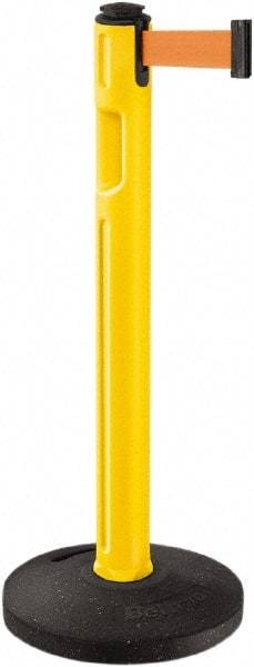 Lavi Industries - 38-1/4" High, 3-1/4" Pole Diam, Stanchion - 16" Base Diam, Dome Recycled Rubber Base, Yellow Plastic Post, 12' x 2" Tape, Single Line Tape, For Outdoor Use - All Tool & Supply