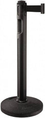 Lavi Industries - 38-1/4" High, 3-1/4" Pole Diam, Stanchion - 16" Base Diam, Dome Recycled Rubber Base, Black Plastic Post, 12' x 2" Tape, Single Line Tape, For Outdoor Use - All Tool & Supply