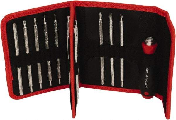 Wiha - 15 Piece, 4mm Drive Screwdriver Insert Torx Bit Set - #1 to #2 Phillips, 2 to 6mm Hex, T6 to T40 Torx, 3.5 to 4.5 & 5.5 to 6.5mm Slotted - All Tool & Supply