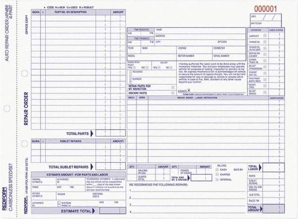 REDIFORM - 50 Sheet, 8-1/2 x 11", Auto Repair Form - White & Blue - All Tool & Supply