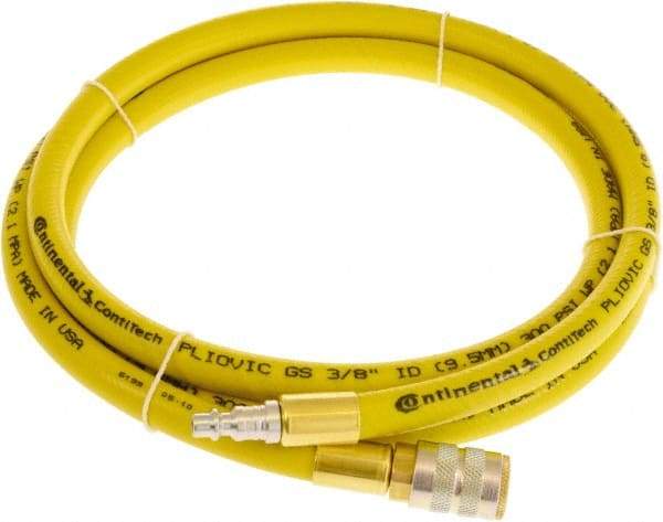 Continental ContiTech - 3/8" ID x 0.6" OD 3' Long Multipurpose Air Hose - Industrial Interchange Safety Coupler x Male Plug Ends, 300 Working psi, -10 to 158°F, 1/4" Fitting, Yellow - All Tool & Supply