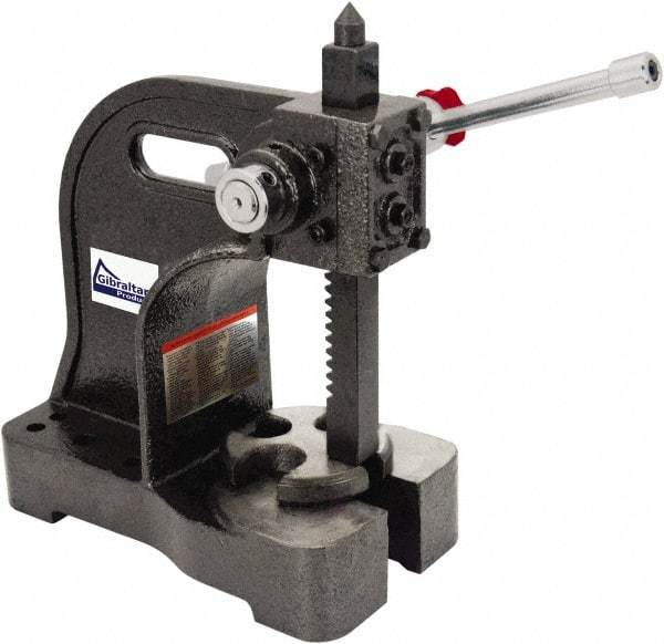 Gibraltar - 1-1/2" Ram, 5-1/4" Throat Depth, 3 Ton Manual Arbor Press - 12-1/2" Max Work Height x 16-1/2" Max Work Width, Single Leverage, 20:1 Leverage Ratio, 8-1/2" Base Width x 10" Base Depth - All Tool & Supply