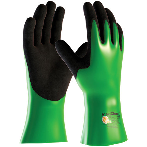 ‎56-630/M Coated Supported Gloves - MaxiChem - Nylon/Lycra Liner - Green/ Black Nitrile Blnd - Full Coat - 12 In. - Exact Industrial Supply