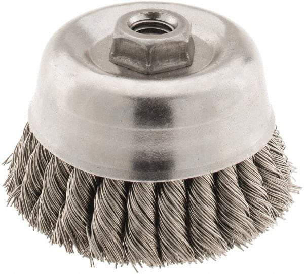 Osborn - 4" Diam, 5/8-11 Threaded Arbor, Stainless Steel Fill Cup Brush - 0.02 Wire Diam, 1-1/4" Trim Length, 6,000 Max RPM - All Tool & Supply