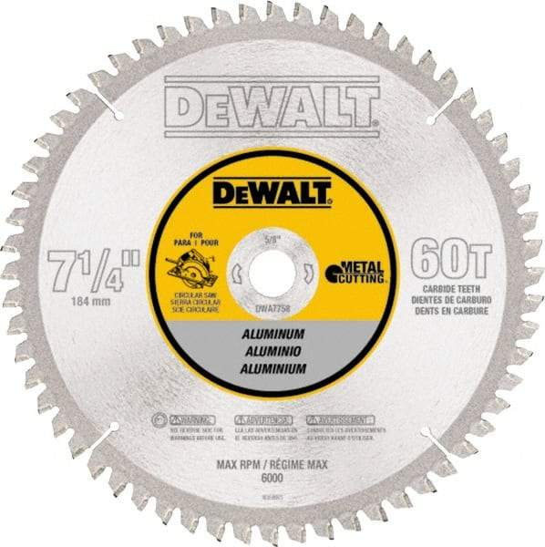 DeWALT - 7-1/4" Diam, 5/8" Arbor Hole Diam, 60 Tooth Wet & Dry Cut Saw Blade - High Speed Steel, Crosscut Action, Standard Round Arbor - All Tool & Supply