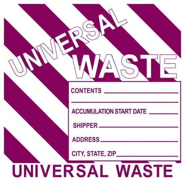 NMC - Universal Label - Legend: Universal Waste Contents______ Accumulation Start Date_____ Shipper_____ Address____ City, State, Zip____, English, Purple, 6" Long x 6" High, Sign Muscle Finish - All Tool & Supply