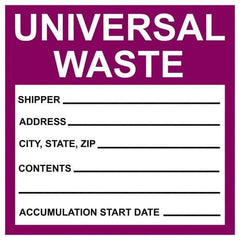 NMC - Universal Label - Legend: Universal Waste - Shipper__________ Address____ City,State,Zip____ Contents________ Accumulation Start Date ______, English, Purple & Black, 6" Long x 6" High, Sign Muscle Finish - All Tool & Supply