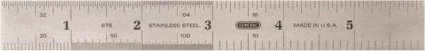 General - 6" Long, 1/100, 1/64, 1/50, 1/32, 1/20, 1/16, 1/10, 1/8" and 0.5, 1mm Graduation, Rigid Stainless Steel Rule - 4R & English/Metric Graduation Style, 3/4" Wide, Silver, Polished Finish - All Tool & Supply