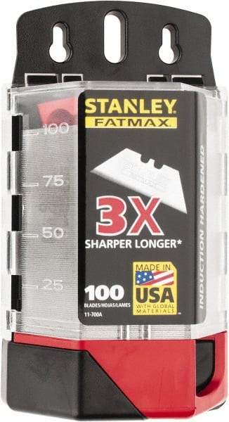 Stanley - 100 Piece High Carbon Steel Utility Knife Blade - 2-7/16" OAL, 0.024" Blade Thickness - All Tool & Supply