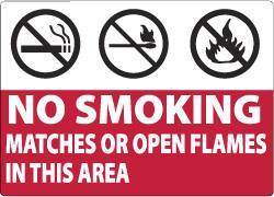 NMC - "No Smoking Matches or Open Flames in This Area", 7" Long x 10" Wide, Aluminum Safety Sign - Rectangle, 0.04" Thick, Use for Smoking Regulations - All Tool & Supply