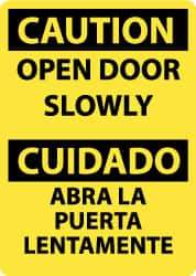 NMC - Caution - Open Door Slowly, Pressure Sensitive Vinyl Fire and Exit Sign - 10" Wide x 14" High, English/Spanish - All Tool & Supply