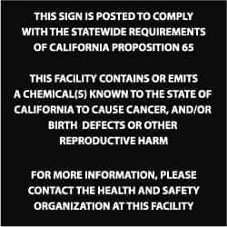 NMC - "This Sign Is Posted to Comply with The Statewide Requirements of California Proposition 65 This Facility Contains or...", 10" Long x 10" Wide, Rigid Plastic Safety Sign - Square, 0.05" Thick, Use for Hazardous Materials - All Tool & Supply