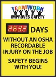 NMC - Scoreboards Scoreboard Type: Digital Scoreboard Legend: Teamwork Improves Safety - ___ Days without an OSHA Recordable Injury - on the Job Safety Begins with You - All Tool & Supply