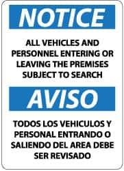 NMC - "Notice - All Vehicles and Personnel Entering or Leaving the Premises Subject to Search", 14" Long x 10" Wide, Rigid Plastic Safety Sign - Rectangle, 0.05" Thick, Use for Security & Admittance - All Tool & Supply