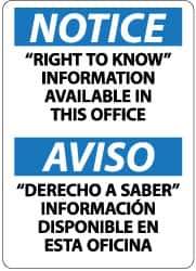 NMC - "Notice - "Right to Know" Information Available in This Office", 14" Long x 10" Wide, Rigid Plastic Safety Sign - Rectangle, 0.05" Thick, Use for Hazardous Materials - All Tool & Supply