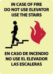 NMC - In Case of Fire - Do Not Use Elevator - Use the Stairs, Pressure Sensitive Vinyl Fire and Exit Sign - 10" Wide x 14" High, English/Spanish, Glow-in-the-Dark - All Tool & Supply