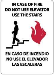 NMC - In Case of Fire - Do Not Use Elevator - Use the Stairs, Pressure Sensitive Vinyl Fire and Exit Sign - 10" Wide x 14" High, English/Spanish - All Tool & Supply