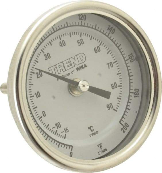 Wika - 2-1/2 Inch Long Stem, 3 Inch Dial Diameter, Stainless Steel, Back Connected Bi-Metal Thermometer - -15 to 90°C, 1% Accuracy - All Tool & Supply