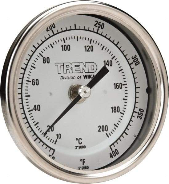 Wika - 2-1/2 Inch Long Stem, 3 Inch Dial Diameter, Stainless Steel, Back Connected Bi-Metal Thermometer - 10 to 200°C, 1% Accuracy - All Tool & Supply