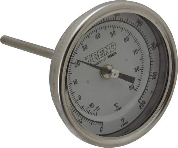 Wika - 4 Inch Long Stem, 3 Inch Dial Diameter, Stainless Steel, Back Connected Bi-Metal Thermometer - -15 to 90°C, 1% Accuracy - All Tool & Supply