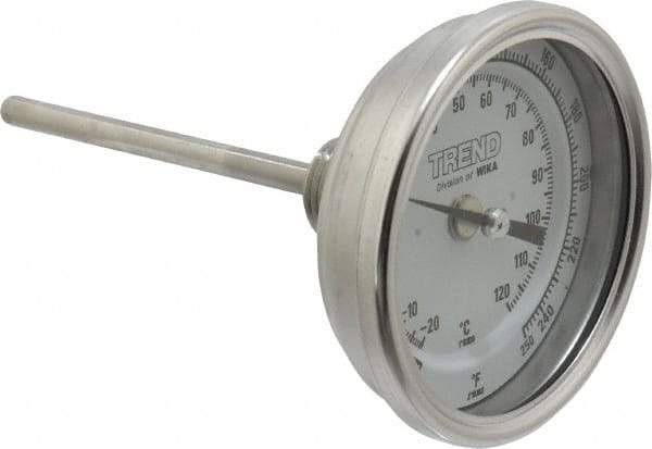 Wika - 4 Inch Long Stem, 3 Inch Dial Diameter, Stainless Steel, Back Connected Bi-Metal Thermometer - -20 to 120°C, 1% Accuracy - All Tool & Supply