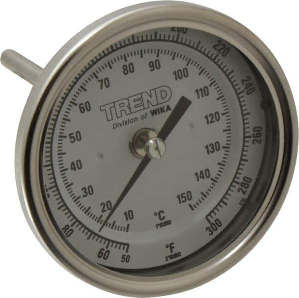 Wika - 4 Inch Long Stem, 3 Inch Dial Diameter, Stainless Steel, Back Connected Bi-Metal Thermometer - 10 to 150°C, 1% Accuracy - All Tool & Supply