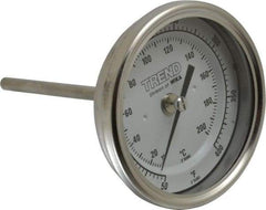 Wika - 4 Inch Long Stem, 3 Inch Dial Diameter, Stainless Steel, Back Connected Bi-Metal Thermometer - 10 to 200°C, 1% Accuracy - All Tool & Supply