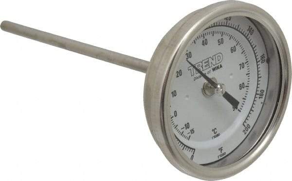 Wika - 6 Inch Long Stem, 3 Inch Dial Diameter, Stainless Steel, Back Connected Bi-Metal Thermometer - -15 to 90°C, 1% Accuracy - All Tool & Supply